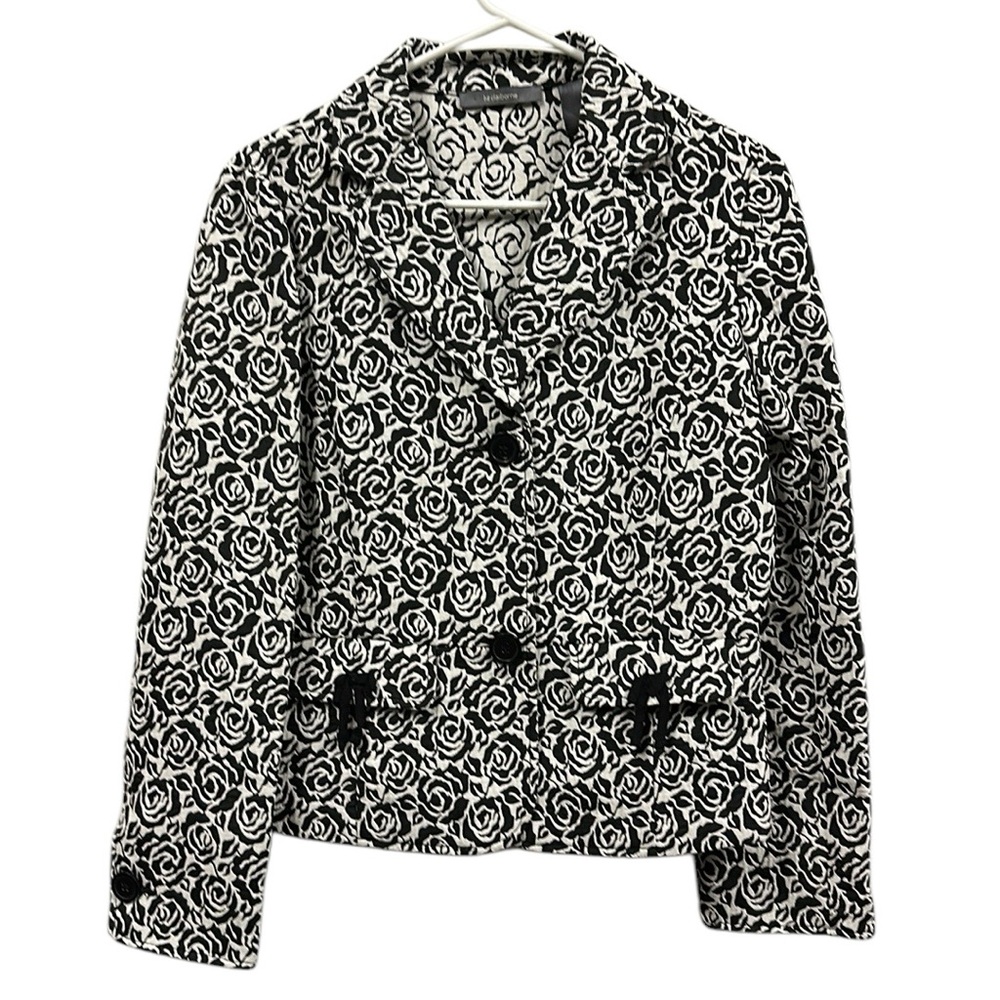 Vintage Liz Claiborne Black White Floral Tapestry 2 Button Blazer Jacket Size 8